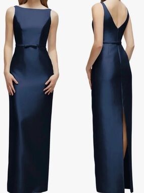 ALFRED SUNG Navy Satin Boatneck Maxi Gown